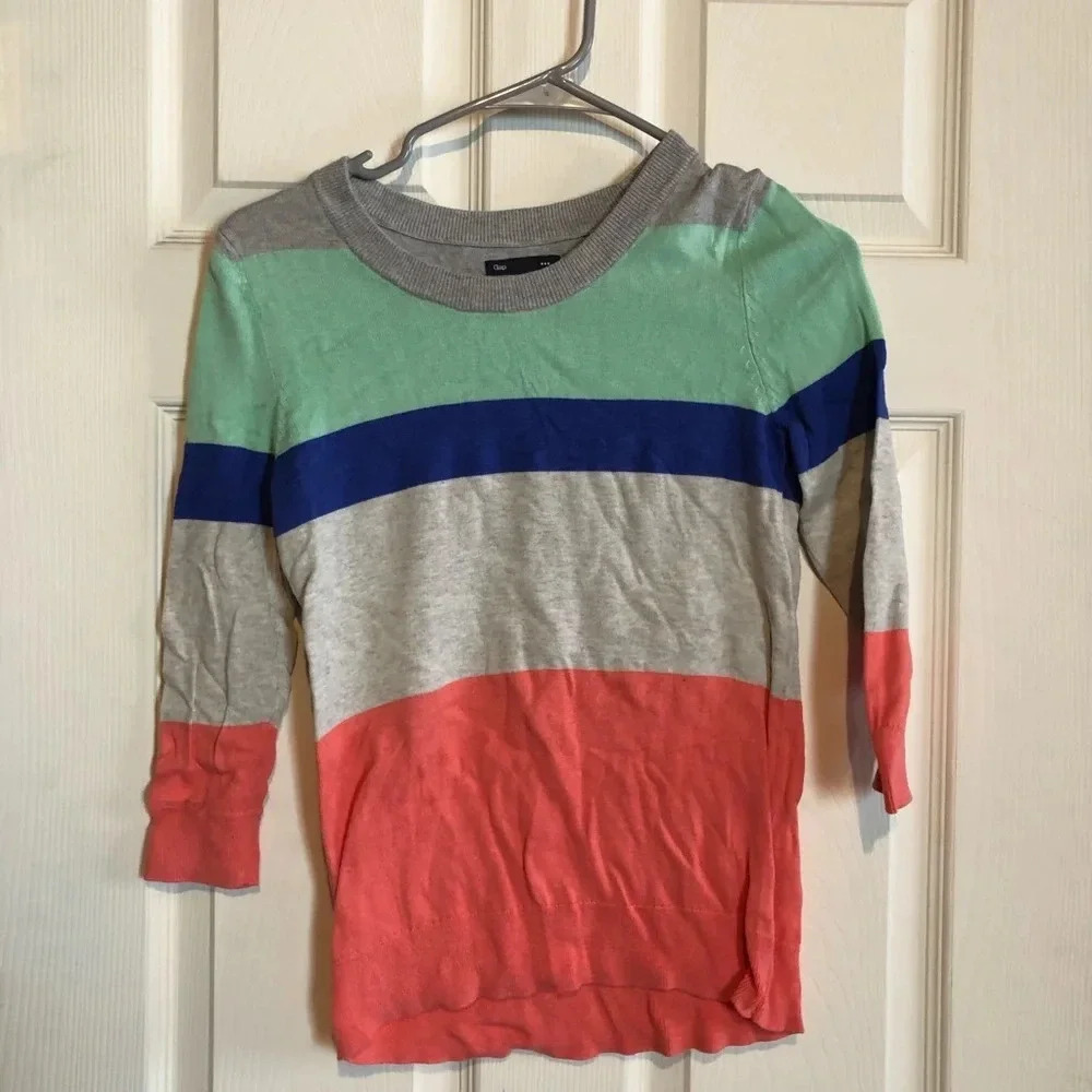 Gap Women’s XS 3/4 Sleeve Crew Sweater Orange Green Grey GUC Y2K
